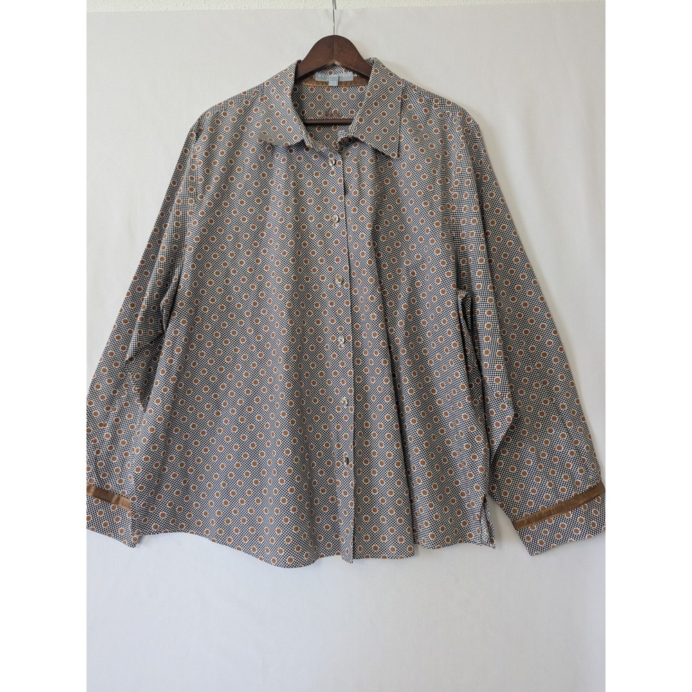 Foxcroft Womens 22W Wrinkle Free Shaped Fit Cotton Button Polkadot Top Tan Black